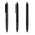 A set of three black plastic pens with a sleek design and clip attachment, featuring a logo on the barrel.