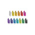 A collection of plastic pens in various colours including purple, orange, yellow, green, and black, with logos.
