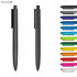 A set of plastic pens in various colours, featuring a sleek, black design with a logo.