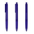 A set of three transparent blue plastic pens with clips and a slight grip feature. Each pen has a distinct position.