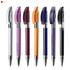 A collection of seven metal pens in white, purple, burgundy, orange, dark purple, blue, and black, featuring a logo.