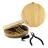 A bamboo toolkit in a circular case containing various tools including pliers and screwdriver bits, featuring a logo.