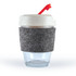 A reusable coffee cup with a speckled lid, black RPET band, and a red straw.