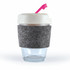 A reusable coffee cup featuring a transparent bottom, a textured gray band, and a light-colored lid with a pink straw.