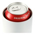 A drink bottle with a sleek white exterior, featuring a red beverage can inside, topped with a pull tab.