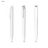 A white plastic pen featuring a sleek design and a clip, presented from three different angles.