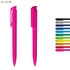 Two pink plastic pens are displayed, next to a range of pens in various colours, with a logo on the top left.