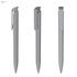 A grey plastic pen with a high gloss finish, featuring a clip and a sleek design, shown from multiple angles.