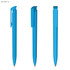 A plastic pen in light blue featuring a sleek design and a clip, shown from three angles.