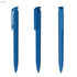 A plastic pen in solid blue, featuring a sleek design and a clip for easy attachment.