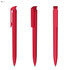 A red plastic pen displayed from three angles, featuring a sleek design and a clip. The pen has a glossy finish and logo.