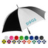 A black and white golf umbrella with a large handle, featuring a logo, alongside assorted coloured umbrellas.
