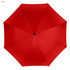 A red golf umbrella with a smooth canopy and a central opening mechanism, featuring a logo.
