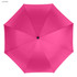 A hot pink golf umbrella with a black centre button, featuring eight panels and a sleek design.