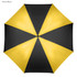 A yellow and black golf umbrella featuring a solid colour pattern and a central hub with a logo.