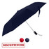 A navy umbrella with a silver handle and a branding logo. The umbrella features a tie closure.