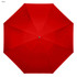 A red inverted umbrella with eight panels and a central silver button. It features a logo on its handle.