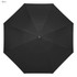 A black inverted umbrella with a smooth fabric surface and a central button for opening and closing.