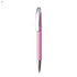 A pink plastic pen with a chrome clip and a shiny silver tip, featuring a branding logo.