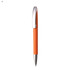 An orange plastic pen with a silver clip and a sleek design. The pen has a logo on it.