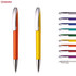 A set of plastic pens in orange, yellow, and various other colours, with shiny chrome clips and tips.