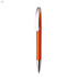 An orange plastic pen with a shiny silver clip and a chrome tip, featuring a logo on the clip.