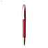 A red plastic pen with a chrome clip and silver tip, featuring a logo on the barrel.