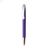 A purple plastic pen with a silver clip and tip, featuring a logo on the barrel.