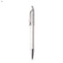 A clear plastic pen with a silver tip and clip, featuring a simple design and a transparent barrel.