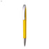 A plastic pen in bright yellow with a chrome clip, featuring a smooth barrel design.