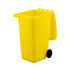 A yellow wheelie bin pen holder featuring a black wheel and a hinged lid. It has a simple, sleek design.