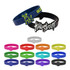 A selection of silicone wristbands in various colours, featuring a logo and custom designs.
