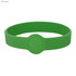 A dark green silicone wristband featuring a circular design element and a smooth finish.