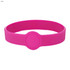 A pink silicone wristband with a central circular section, suitable for custom designs. Features a logo.