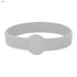A white silicone wristband featuring a circular design element and a logo.