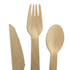 A wooden cutlery set featuring a knife, fork, and spoon, all in a natural wood tone.