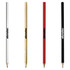 A set of four wood pencils in white, natural wood, red, and black, each featuring a logo.