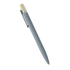 A grey recycled aluminium pen with a bamboo clicker and a silver clip. It features a minimalist design.