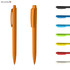 Two orange plastic pens are displayed, along with various other coloured pens in black, blue, green, yellow, and white.