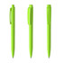 Three bright green plastic pens with a clip and cap, showcasing different angles and designs. Each pen has branding.