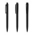 A set of three black plastic pens with clips and retractable mechanisms, featuring a simple design and branding.