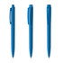 Three blue plastic pens arranged in different positions, featuring a clip and a smooth barrel design.