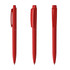 Three red plastic pens displayed from different angles, each featuring a clip and a smooth barrel design.