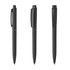 Three black plastic pens are displayed from different angles, featuring a logo on one side.