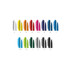 A collection of plastic pens in various colours, including white, orange, green, and black, featuring a logo.