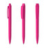 Three pink plastic pens with a high gloss finish, featuring different angles and a clip on each.