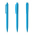A set of three blue plastic pens featuring a glossy finish and clip design. Each pen has a distinctive shape.