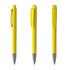 A set of three yellow metal pens with silver accents, featuring different angles and a logo on each.
