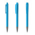 A set of three blue metal pens with chrome accents, featuring different angles and a logo on the barrel.