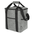 A grey felt cooler bag with black straps and handles, featuring two side pockets. It has a square shape and a lid.